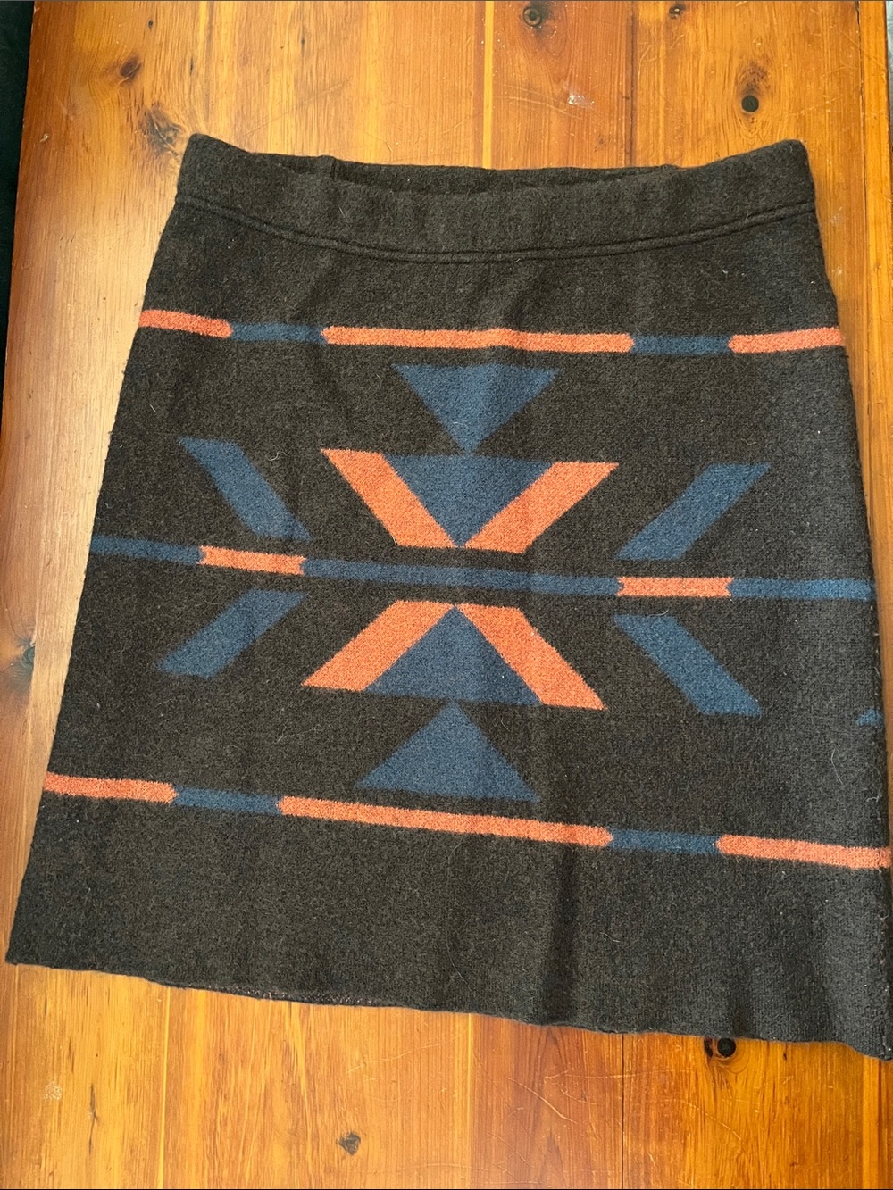 Toad&Co Brown Skirt with Blue and Rust Geometric Print- merino wool